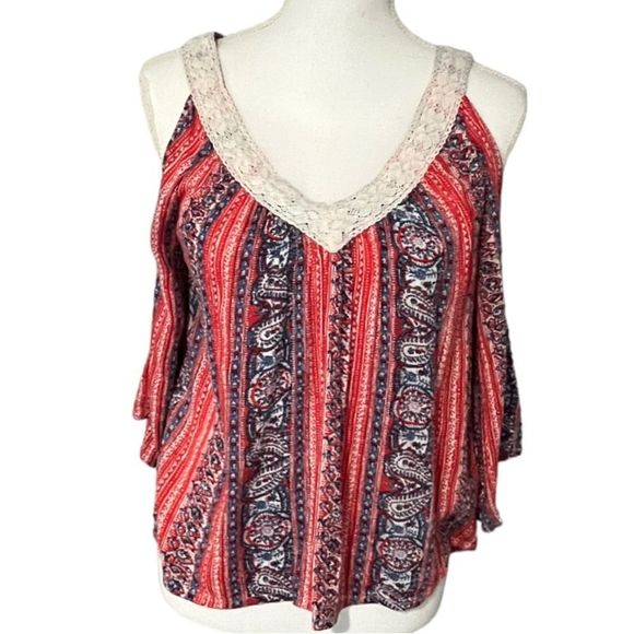 Hollister size L cold shoulder gauzy top with double v-neck & bell sleeves EUC - Picture 4 of 14